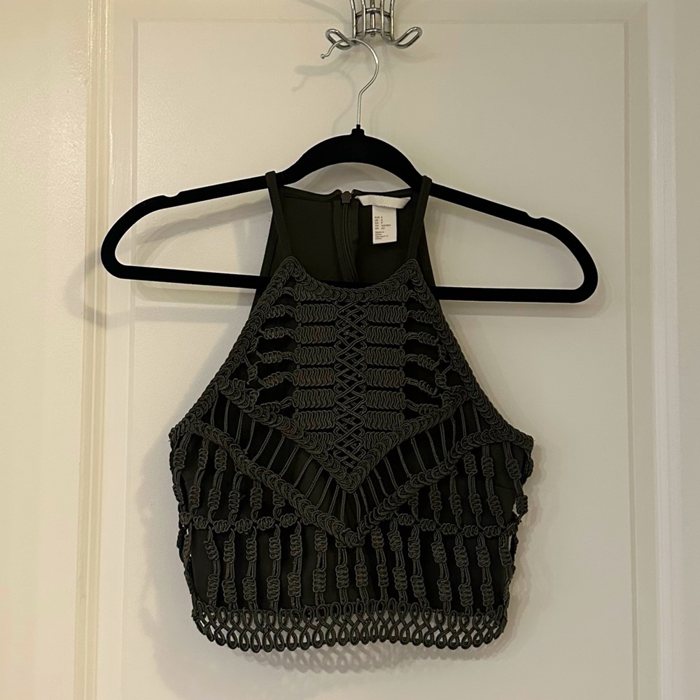 H&M Stylish Dark Olive Green Halter Crop Top